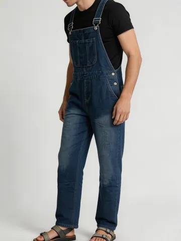 Salopette en Denim Rétro pour Hommes Couleur Unie Coton Lavé Multi Poches Bretelles Réglables Combinaison de Travail