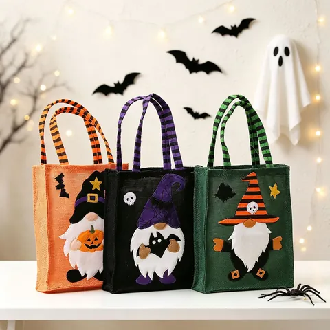 Halloween Burlap Gift Bag Cute Gnome Faceless Doll Print Candy Treat Bag With Striped Handle For Party Holiday Decoration