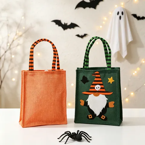 Halloween Burlap Gift Bag Cute Gnome Faceless Doll Print Candy Treat Bag With Striped Handle For Party Holiday Decoration