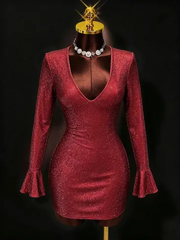 Women Sexy Shiny Glitter Deep V-Neck Bodycon Mini Dress Long Bell Sleeve Slim Fit Night Out Evening Club Party Cocktail Dress