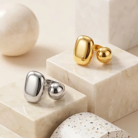 Geometric Open Ring Stainless Steel 18K Gold Plated Adjustable Asymmetric Ball Square Minimalist High Polished Jewelry