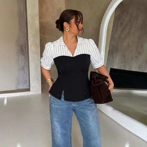 Damen Übergrößen Gestreiftes Patchwork Kurzarm Oberteil Slim Fit Hemdkragen Falsche Zweiteiler Bluse Lässiges Büro Hemd