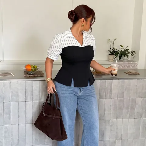 Damen Übergrößen Gestreiftes Patchwork Kurzarm Oberteil Slim Fit Hemdkragen Falsche Zweiteiler Bluse Lässiges Büro Hemd