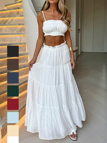 Women Summer Ruffled Smocked Tube Top And Tiered Maxi Cake Skirt Vacation Boho Casual Elegant