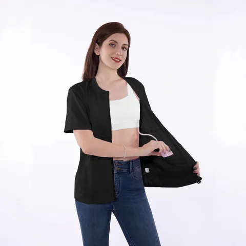 Top de Enfermería Postoperatorio para Mujer Manga Corta Cuello Redondo Cremallera Camiseta de Tela de Sarga Funcional Con Bolsillos Internos para Bolsa de Drenaje