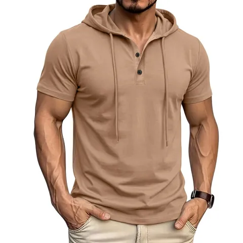 Ανδρικό Casual Κοντομάνικο Henley Shirt Με Κουκούλα Μείγμα Βαμβακιού Πολυεστέρα Αναπνεύσιμο Slim Fit Sport Gym Top