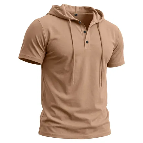 Ανδρικό Casual Κοντομάνικο Henley Shirt Με Κουκούλα Μείγμα Βαμβακιού Πολυεστέρα Αναπνεύσιμο Slim Fit Sport Gym Top