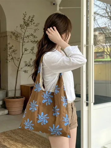 Sac Cabas En Polyester À Imprimé Fleuri Grande Capacité Fleur Bleue Abstraite Sac À Main Épaule Pour Femmes Style Ins