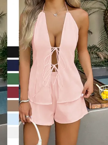 Damen Neckholder Top Mit Schnürung Und Shorts Polyester Spandex Tiefer V-Ausschnitt Sexy Sommer Strand Urlaub Outfit