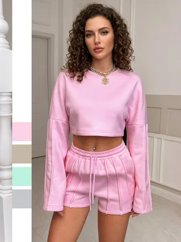 Lässiges Langarm Crop Sweatshirt Und Kordelzug Shorts Damen Trainingsanzug Einfarbig Loungewear Outfit