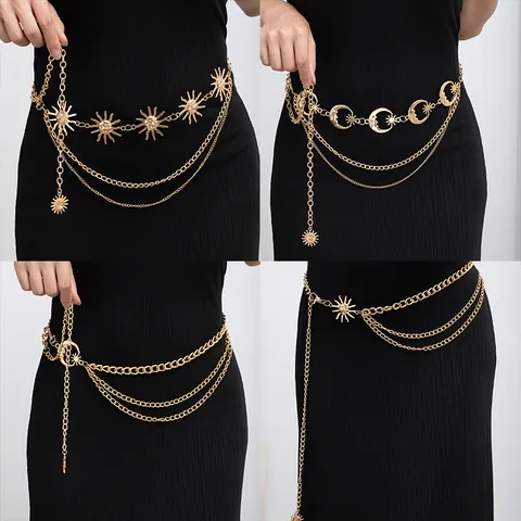 Metal Waist Chain Belt Adjustable Multi Layer Sun Moon Stars Butterfly Heart Shell Charms Bohemian Retro Jewelry For Dress