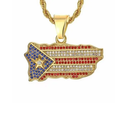 Hip Hop Puerto Rico Flagge Karte Anhänger Iced Out Strass Edelstahl Halskette Schmuck Für Damen Herren