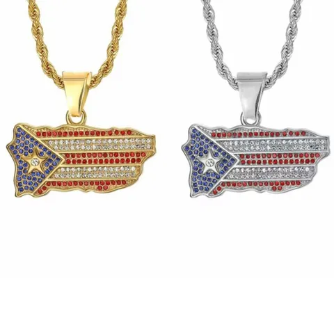 Collar Hip Hop Con Colgante Mapa Bandera De Puerto Rico De Acero Inoxidable Diamante De Imitación Iced Out Joyería Para Hombre Mujer