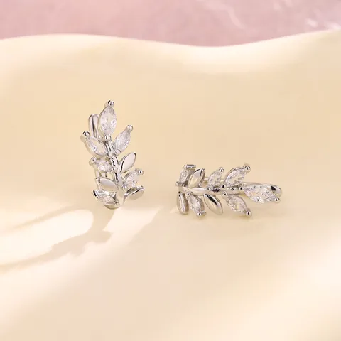 Spiga di Grano Zirconia Orecchino a Clip per Donna Senza Foro Rame Foglia Clip per Osso dell'Orecchio Elegante Gioielli di Moda Colore Argento