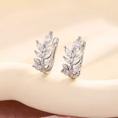 Spiga di Grano Zirconia Orecchino a Clip per Donna Senza Foro Rame Foglia Clip per Osso dell'Orecchio Elegante Gioielli di Moda Colore Argento