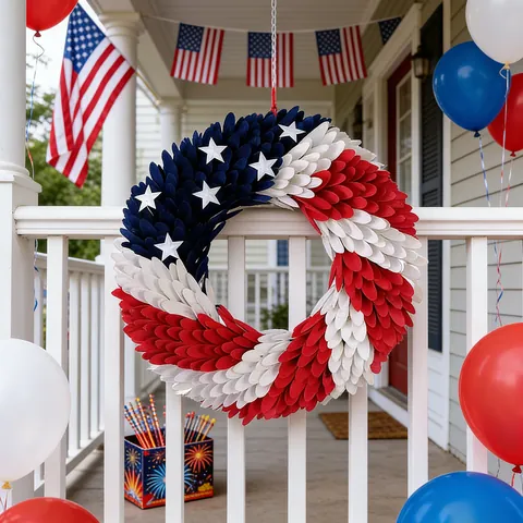 Patriotic Independence Day Wreath American Flag Colors Red White Blue Star Hanging Garland For Front Door Courtyard Home Decor