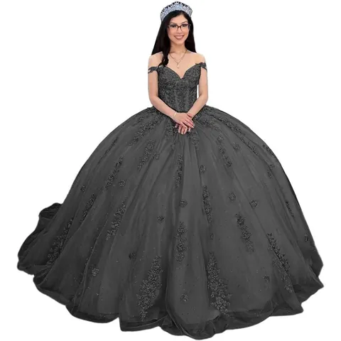 Dames Luxe Off Shoulder Ballonjurk Gala Jurk Kantapplicaties Pailletten Quinceañera Avondjurk Gepofte Tule Bruiloft Feestjurk