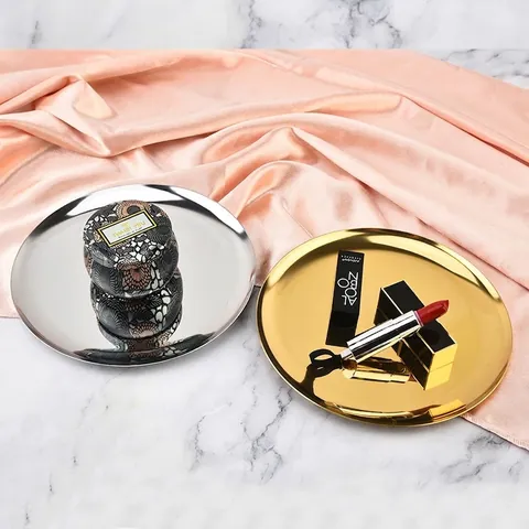 Nordic Minimalist Round Stainless Steel Tray Electroplated Mirror Finish Storage Plate For Jewelry Cosmetics Home Decor