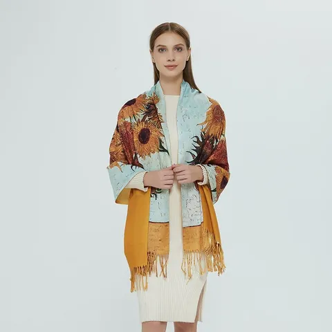 Damen Vintage Ölgemälde Kaschmir-Imitat Schal Künstlerisch Berühmter Kunstdruck Quasten Schultertuch Winter Warm Lang Pashmina