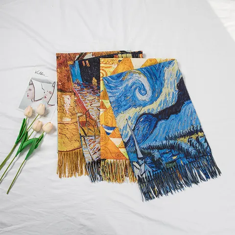 Damen Vintage Ölgemälde Kaschmir-Imitat Schal Künstlerisch Berühmter Kunstdruck Quasten Schultertuch Winter Warm Lang Pashmina