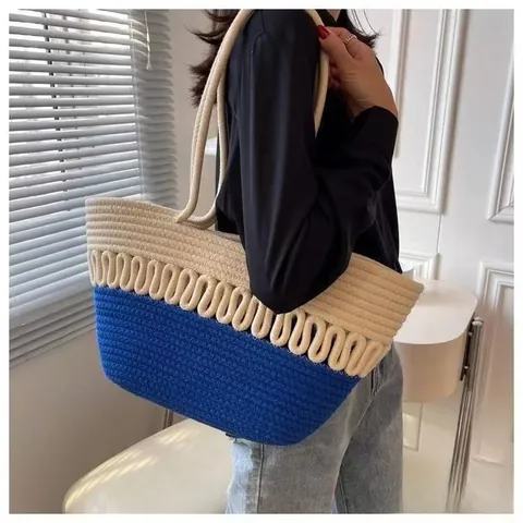 Women Large Capacity Woven Cotton Rope Tote Bag Fashion Commute Versatile Beach Shoulder Bag With Contrast Color Wavy Pattern Bag