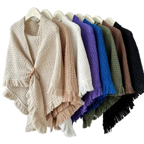 Eleganter Gestrickter Dreiecksschal Für Damen Mit Lederschnalle Fransen Einfarbig Warmer Schal Für Frühling Herbst Winter