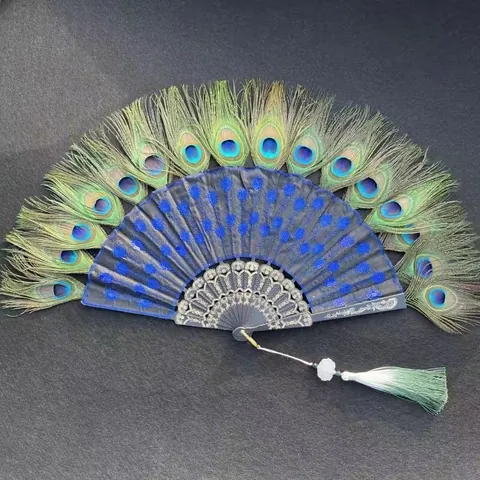 Chinese Style Peacock Feather Folding Fan Embroidered Sequin Handheld Fan With Tassel Vintage Performance Hand Fan Gift For Women