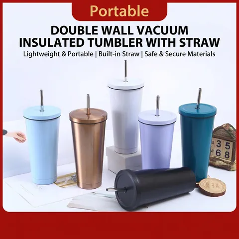 304 Stainless Steel Vacuum Insulated Tumbler With Metal Straw And Lid Double Wall Portable Travel Mug Coffee Cup Modern Minimalist Office Cup