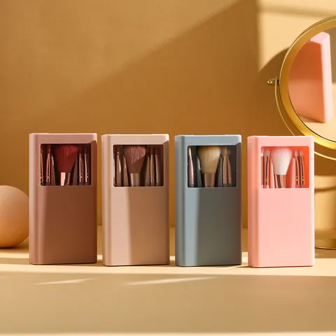 Ensemble de Pinceaux de Maquillage Portable Avec Étui Miroir Poils en Fibre Synthétique Mini Kit de Pinceaux Cosmétiques de Voyage pour Poudre Ombre à Paupières