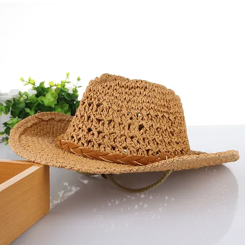 Vintage Western Cowboy Straw Hat For Men Women Hollow Out Breathable Summer Sun Beach Hat With Adjustable Chin Strap