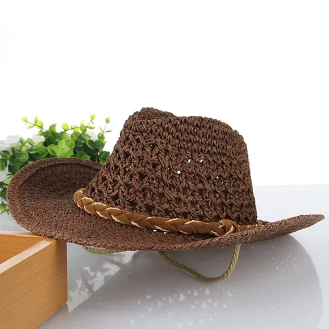 Vintage Western Cowboy Straw Hat For Men Women Hollow Out Breathable Summer Sun Beach Hat With Adjustable Chin Strap