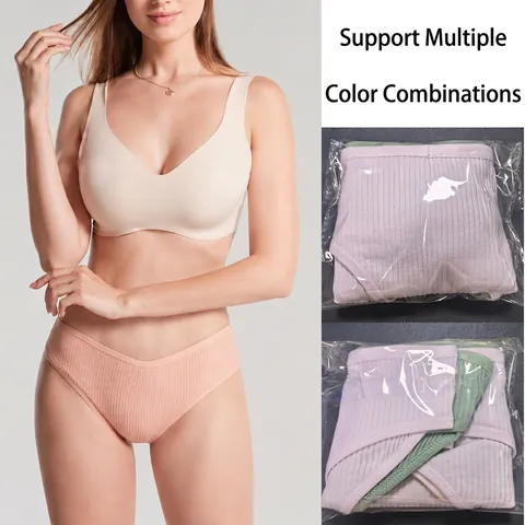 Women Ribbed Cotton Panties Low Waist Breathable Soft Comfortable Triangle Briefs Solid Color Underwear