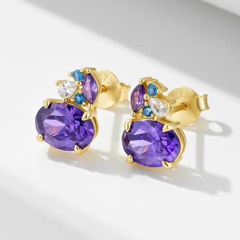 925 Sterling Silver Geometric Purple Rhinestone Stud Earrings For Women Gold Silver Plated Oval Horse Eye Earrings Jewelry
