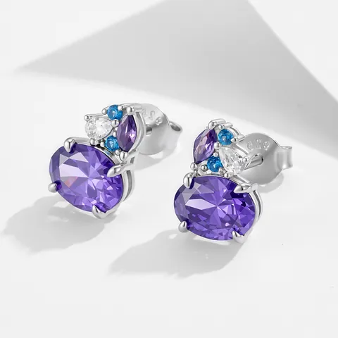 925 Sterling Silver Geometric Purple Rhinestone Stud Earrings For Women Gold Silver Plated Oval Horse Eye Earrings Jewelry