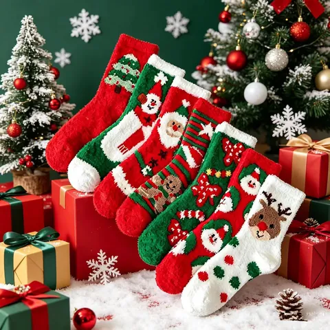 Weihnachtssocken Damen Korallenvlies Verdickt Warm Winter Zuhause Plüsch Schlafsocken Weihnachtsmann Schneemann Rentier Muster