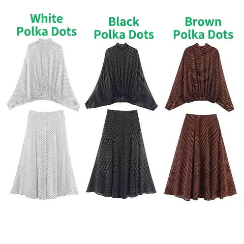 Chemise Et Jupe Polyester À Pois Femme Blouse À Nœud Manches Longues Et Jupe Longue Taille Haute Évasée Rétro