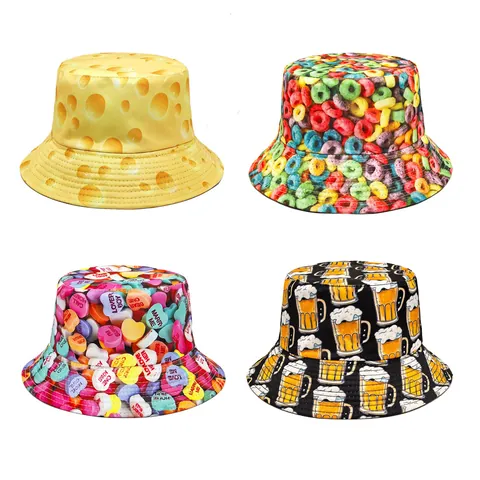 Reversible Bucket Hat Polyester Cheese Beer Food Print Foldable Outdoor Casual Sun Protection Unisex Fishing Hat
