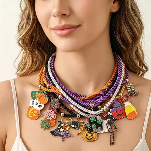 Halloween Pendant Necklace Alloy Enamel Pumpkin Ghost Spider Witch Hat Woven Rope Adjustable For Women Festival