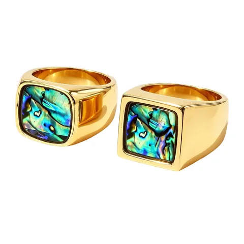 Herren Siegelring Titanstahl Vergoldet Bunter Abalone Muschel Einlage Quadratisch Geometrisch Retro Schmuck