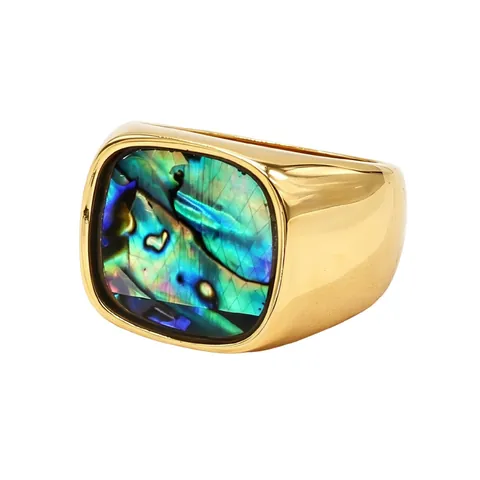 Herren Siegelring Titanstahl Vergoldet Bunter Abalone Muschel Einlage Quadratisch Geometrisch Retro Schmuck