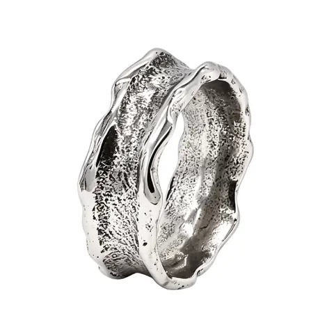 Anillo Retro de Acero de Titanio para Hombre Textura de Lava Irregular Plata Envejecida Estilo Punk Banda Ancha Joyería