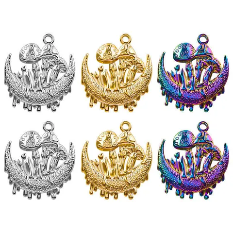 Mushroom Moon Pendant 304 Stainless Steel 18K Gold Plated Crescent Relief Charm For Women Jewelry DIY Accessory