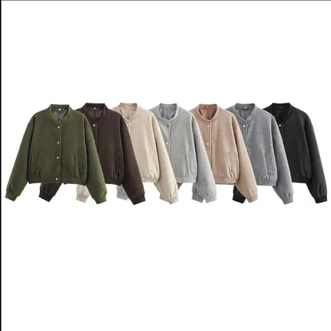 Women Tweed Bomber Jacket Short Single Breasted Casual Round Neck Long Sleeve Ribbed Trim Soft Outwear