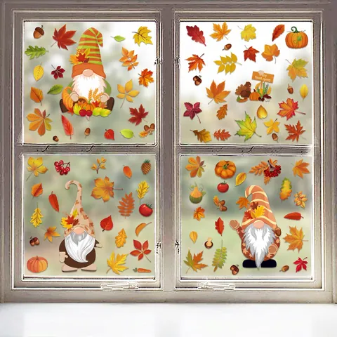Thanksgiving Window Clings Static Stickers Autumn Fall Decorations Double Sided Gnomes Turkeys Maple Leaves Pumpkins Glass