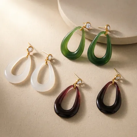Fashion Stainless Steel Resin Drop Earrings With Zirconia Geometric Oval Waterdrop Dangle Earrings For Women Jewelry Gift