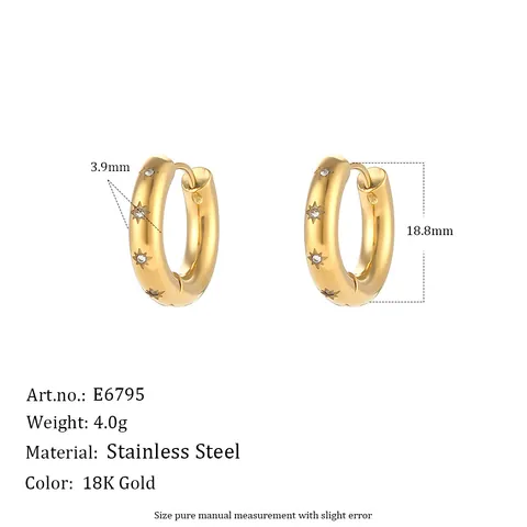 Stainless Steel Hoop Earrings For Women With Star Engraved Zircon Inlaid Gold Plated Huggie Earrings Niche Style