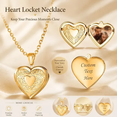 Collier Médaillon Cœur Acier Inoxydable Pendentif Porte-Photo Motif Floral Gravé Bijoux Vintage Pour Femmes Hommes