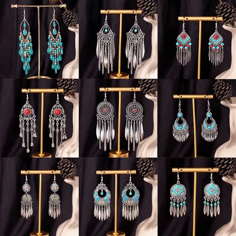 Bohemian Long Drop Tassel Earrings For Women Ethnic Retro Style Alloy Beads Acrylic Jewelry Accessories Handmade