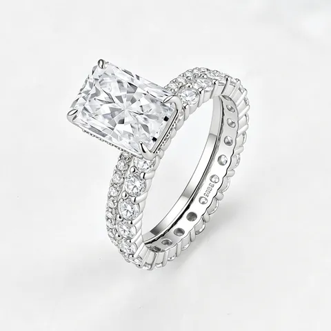 925 Sterling Silver Rectangle Zirconia Ring Set For Women Luxury Ice Flower Cut Stackable Engagement Wedding Band Ring