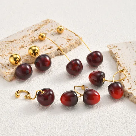 Creative Cherry Fruit Shaped Drop Earrings Stainless Steel Gold Plated Red Resin Beads Sweet Fashion Jewelry For Women Girls